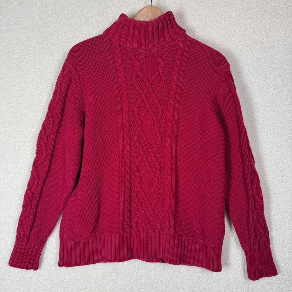 Eddie Bauer Womens XL Cable Knit Turtleneck Red Sweater‎ Preppy Casual Fisherman